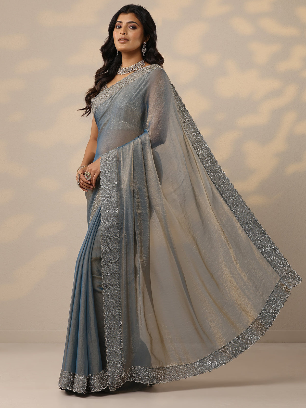 Anouk Blue Embellished Organza Sarees With Unstitched Blouse Piece