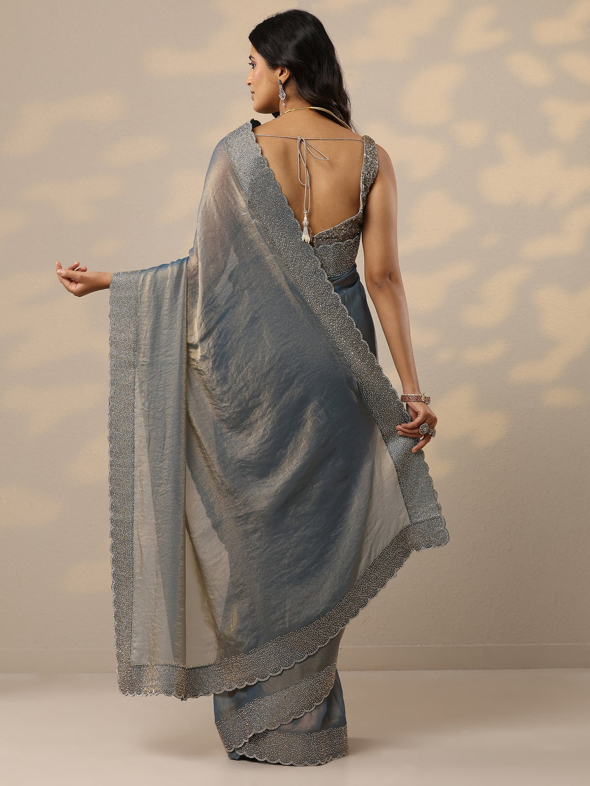 Anouk Blue Embellished Organza Sarees With Unstitched Blouse Piece