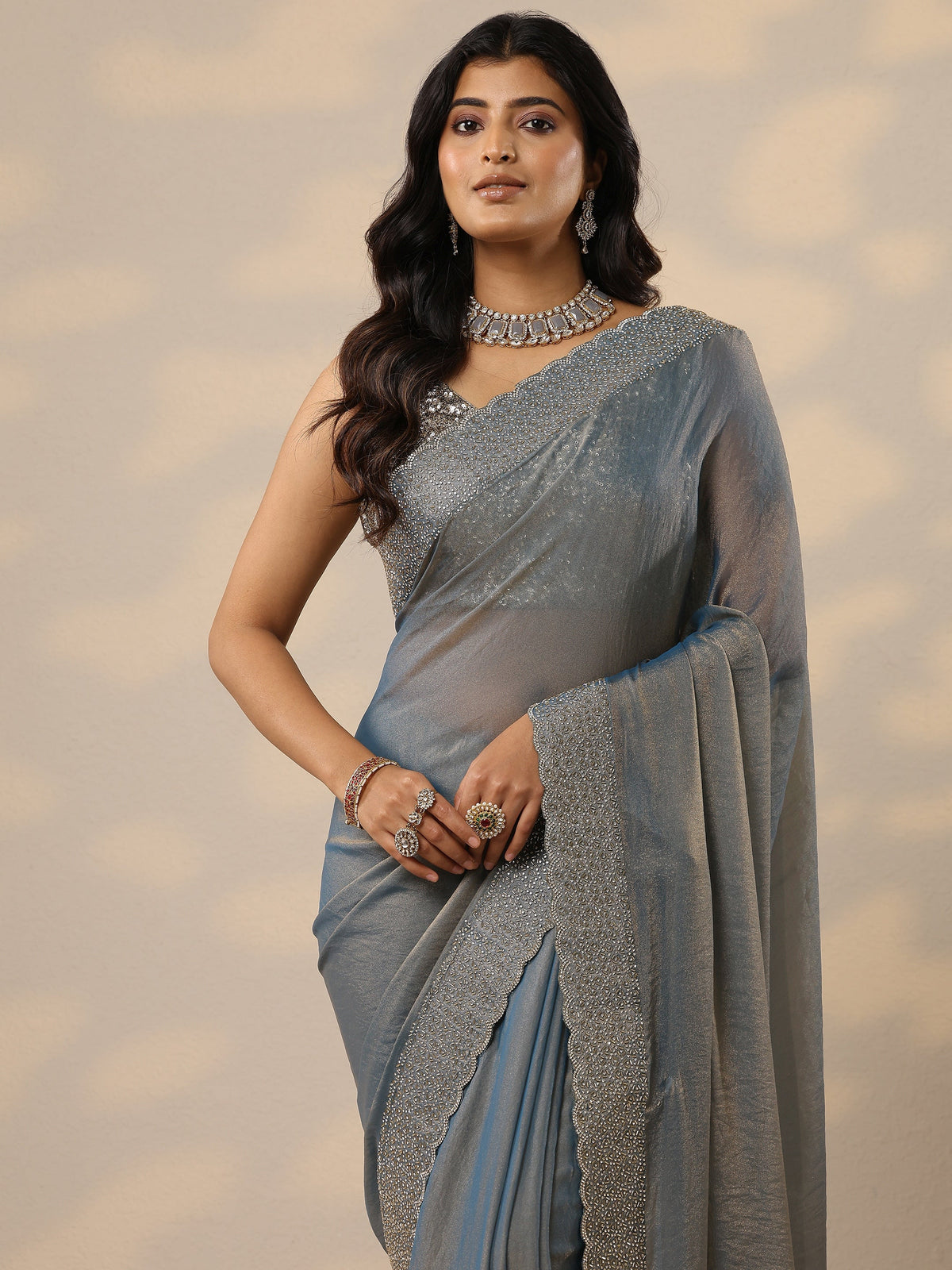 Anouk Blue Embellished Organza Sarees With Unstitched Blouse Piece
