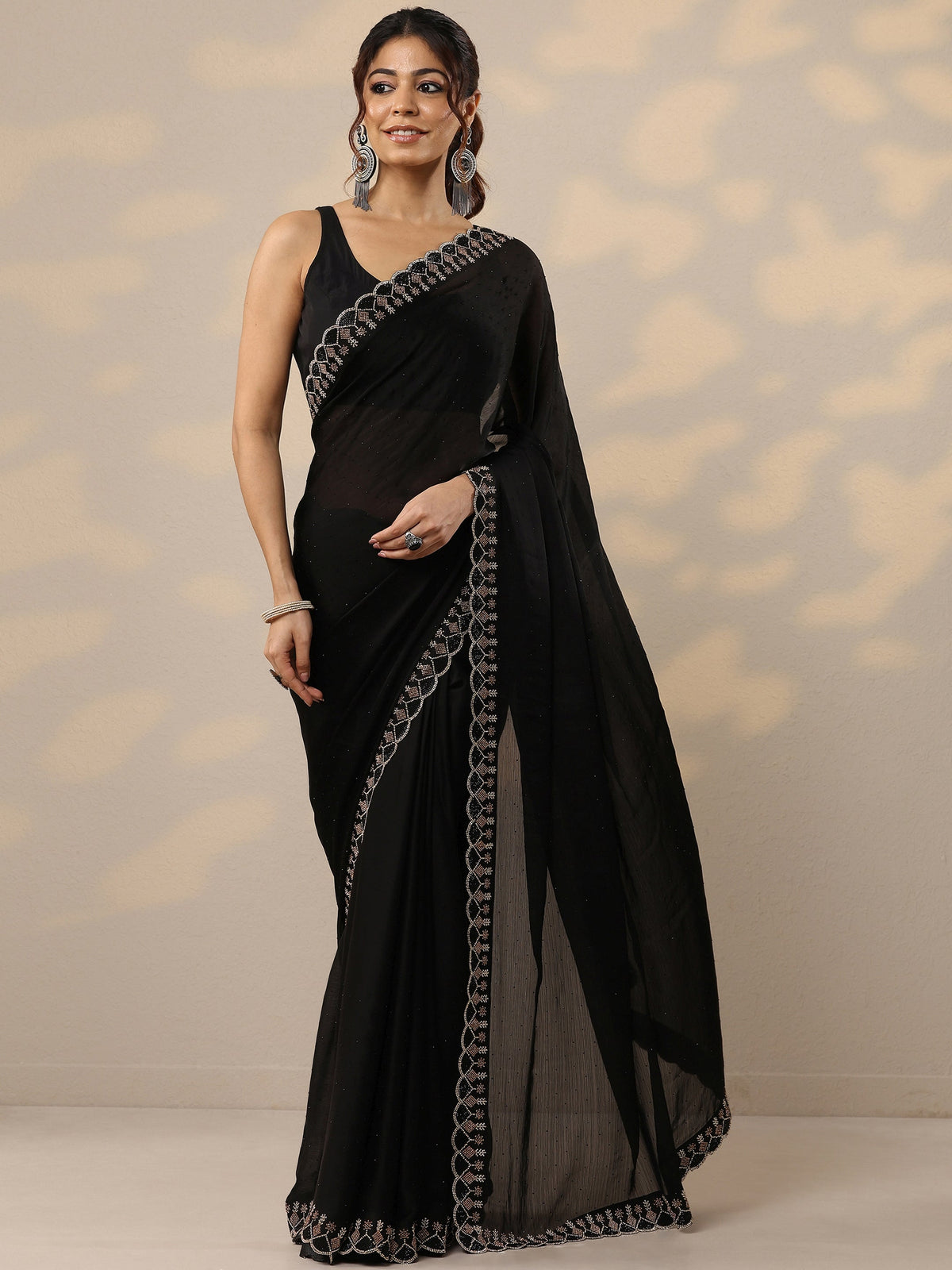 Anouk Black Embellished Silk Blend Sarees With Unstitched Blouse Piece
