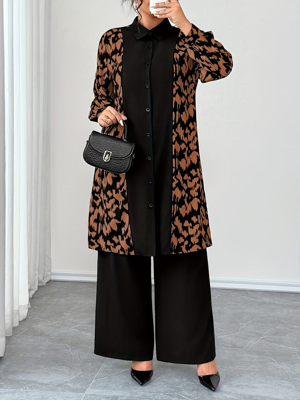 Women's Elegant Patchwork Cardigan, Mid-Length Shirt & Straight-Leg Trousers Set