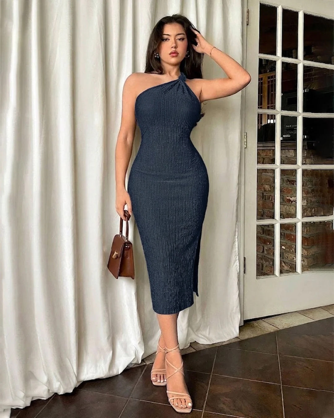 One-Shoulder Bodycon Solid Sleeveless Midi Dress in Pageant Blue