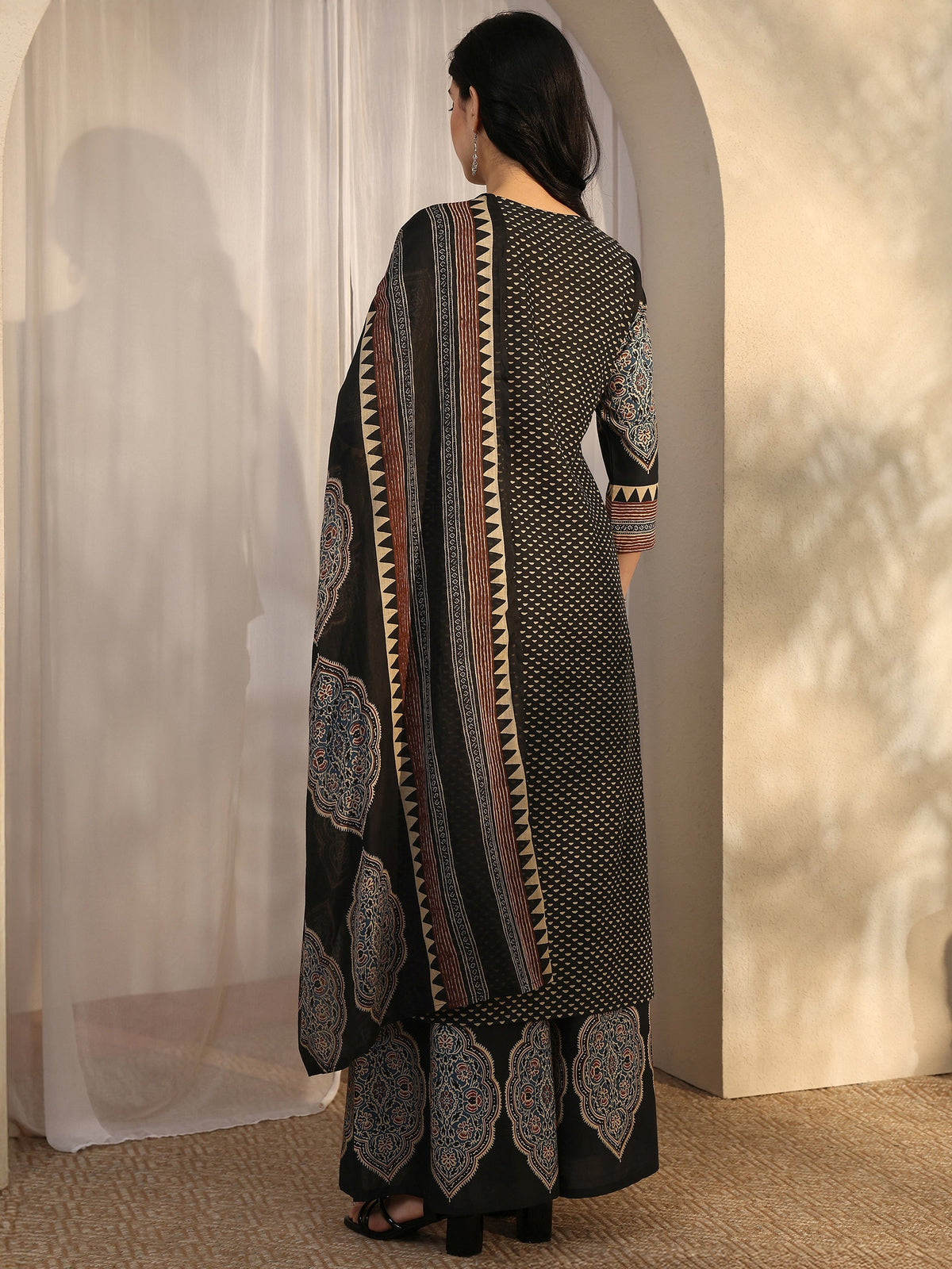 Anouk Black Printed Cotton Straight Suit Set With Dupatta