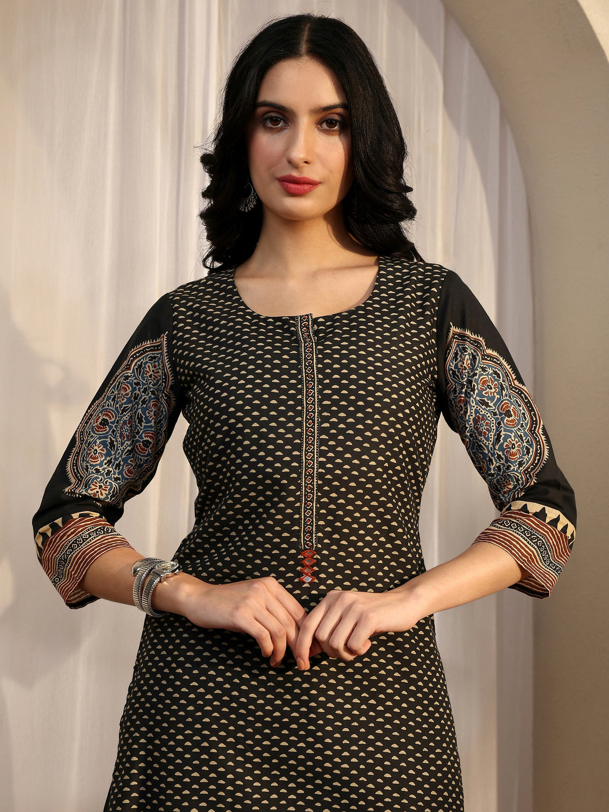 Anouk Black Printed Cotton Straight Suit Set With Dupatta