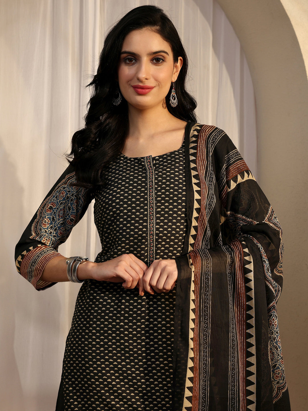 Anouk Black Printed Cotton Straight Suit Set With Dupatta