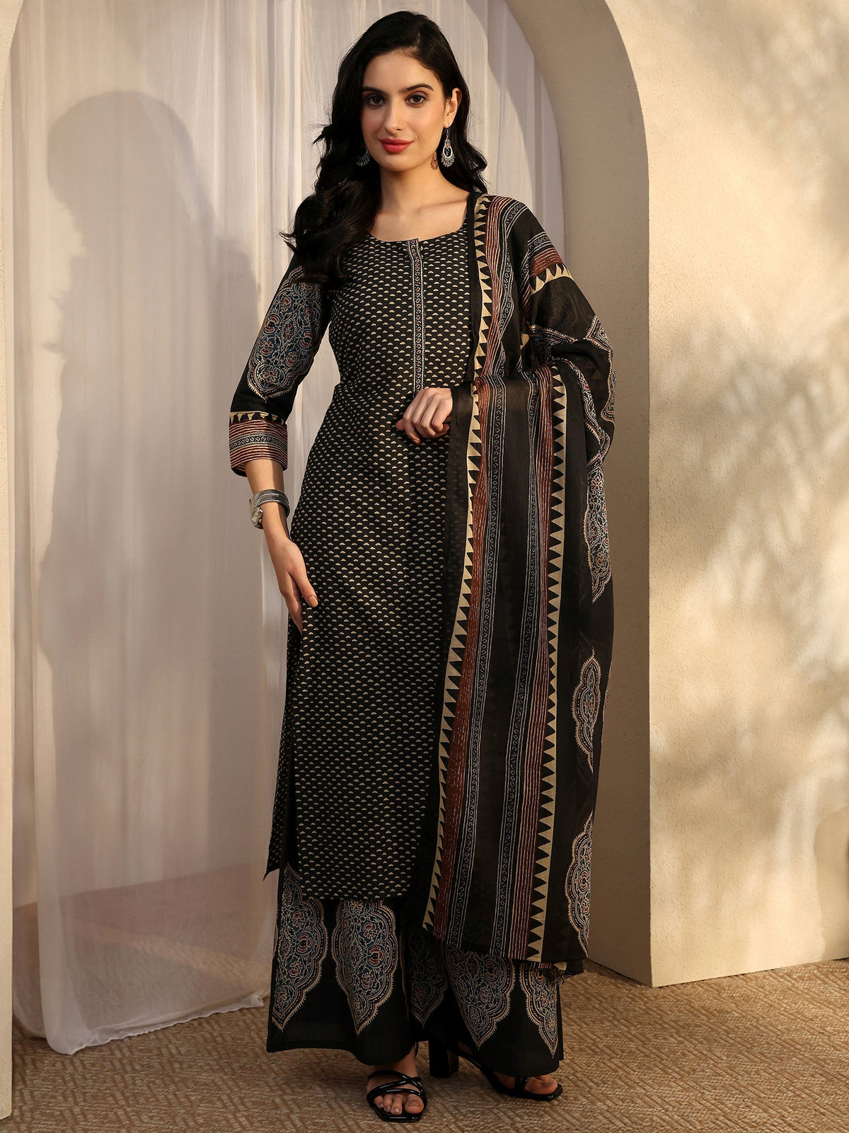 Anouk Black Printed Cotton Straight Suit Set With Dupatta