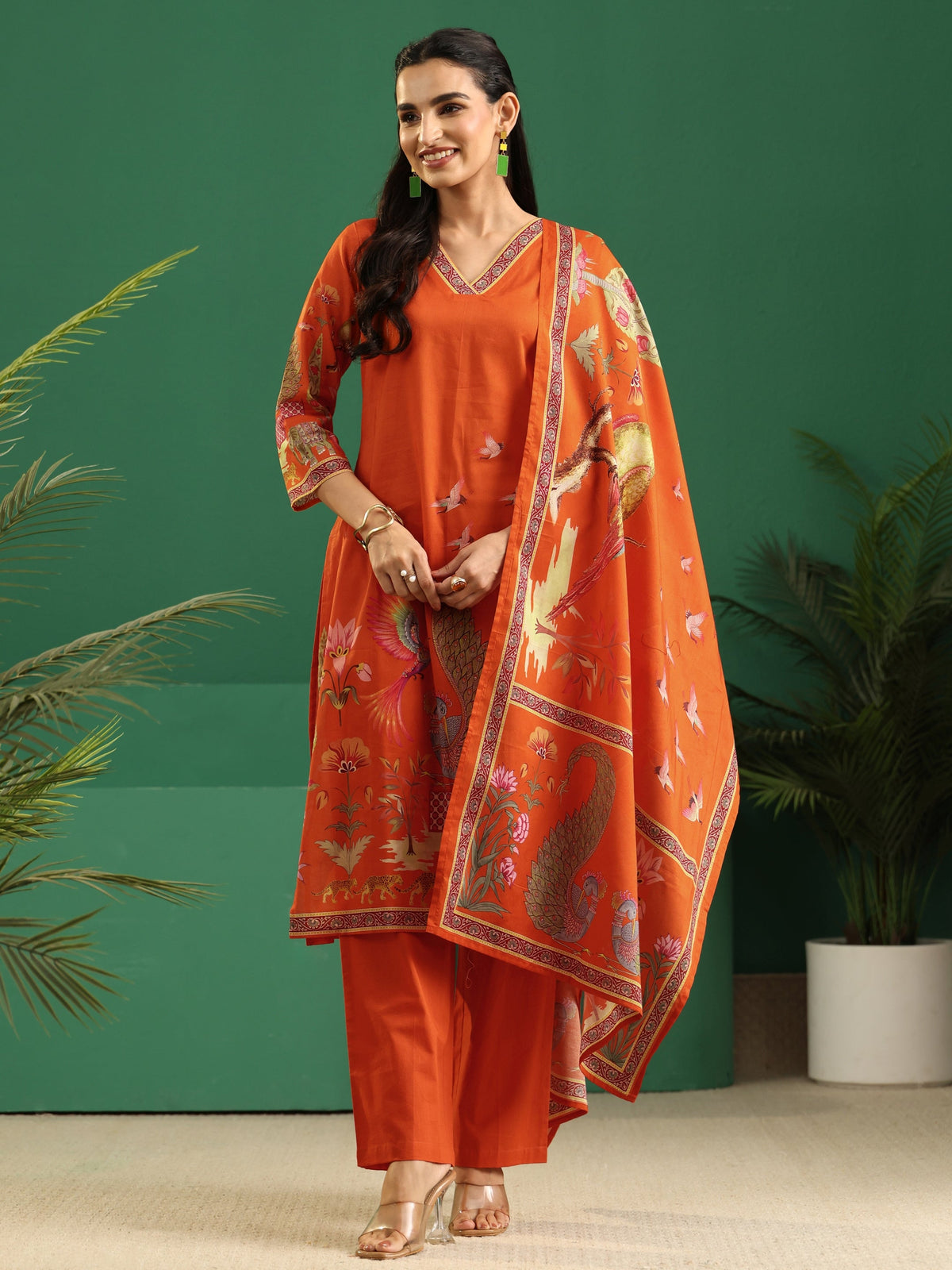 Anouk Orange Heritage Print Cotton Straight Suit Set