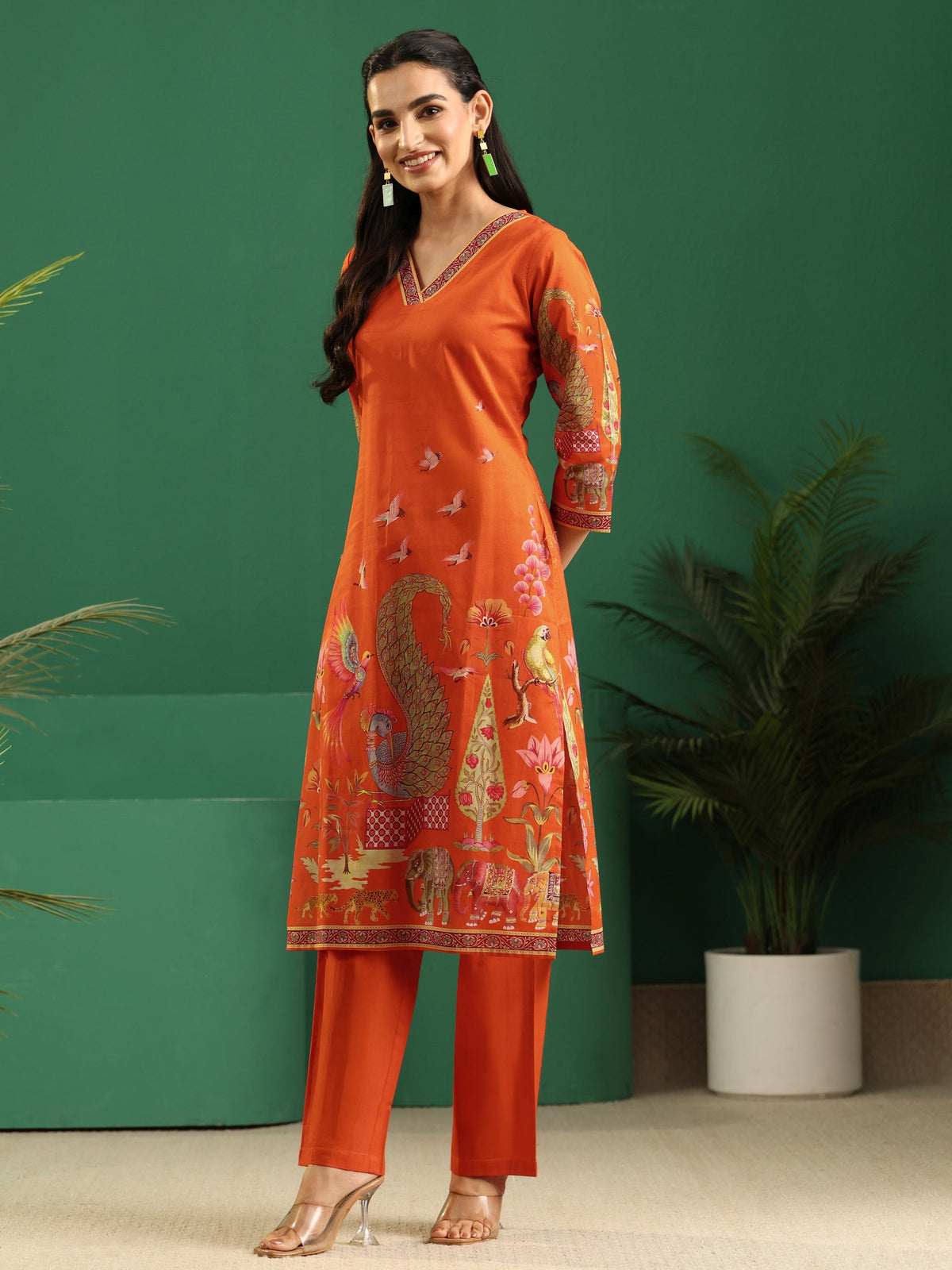 Anouk Orange Heritage Print Cotton Straight Suit Set