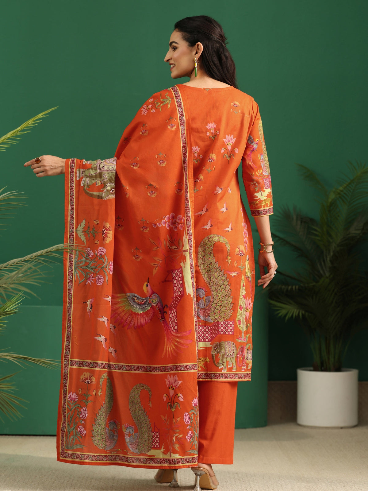 Anouk Orange Heritage Print Cotton Straight Suit Set