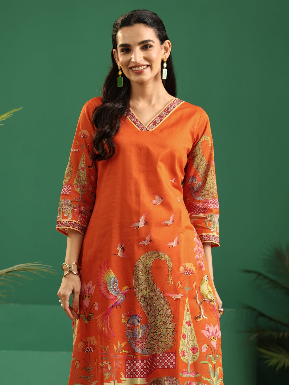 Anouk Orange Heritage Print Cotton Straight Suit Set