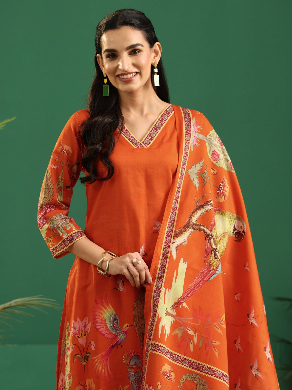 Anouk Orange Heritage Print Cotton Straight Suit Set