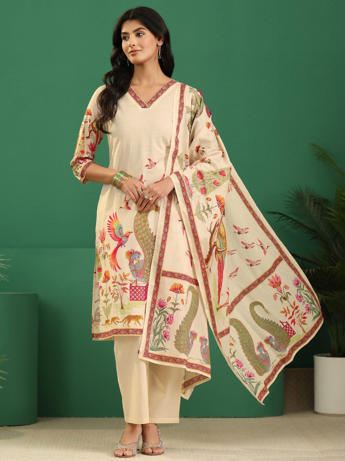 Anouk Cream Heritage Print Cotton Straight Suit Set