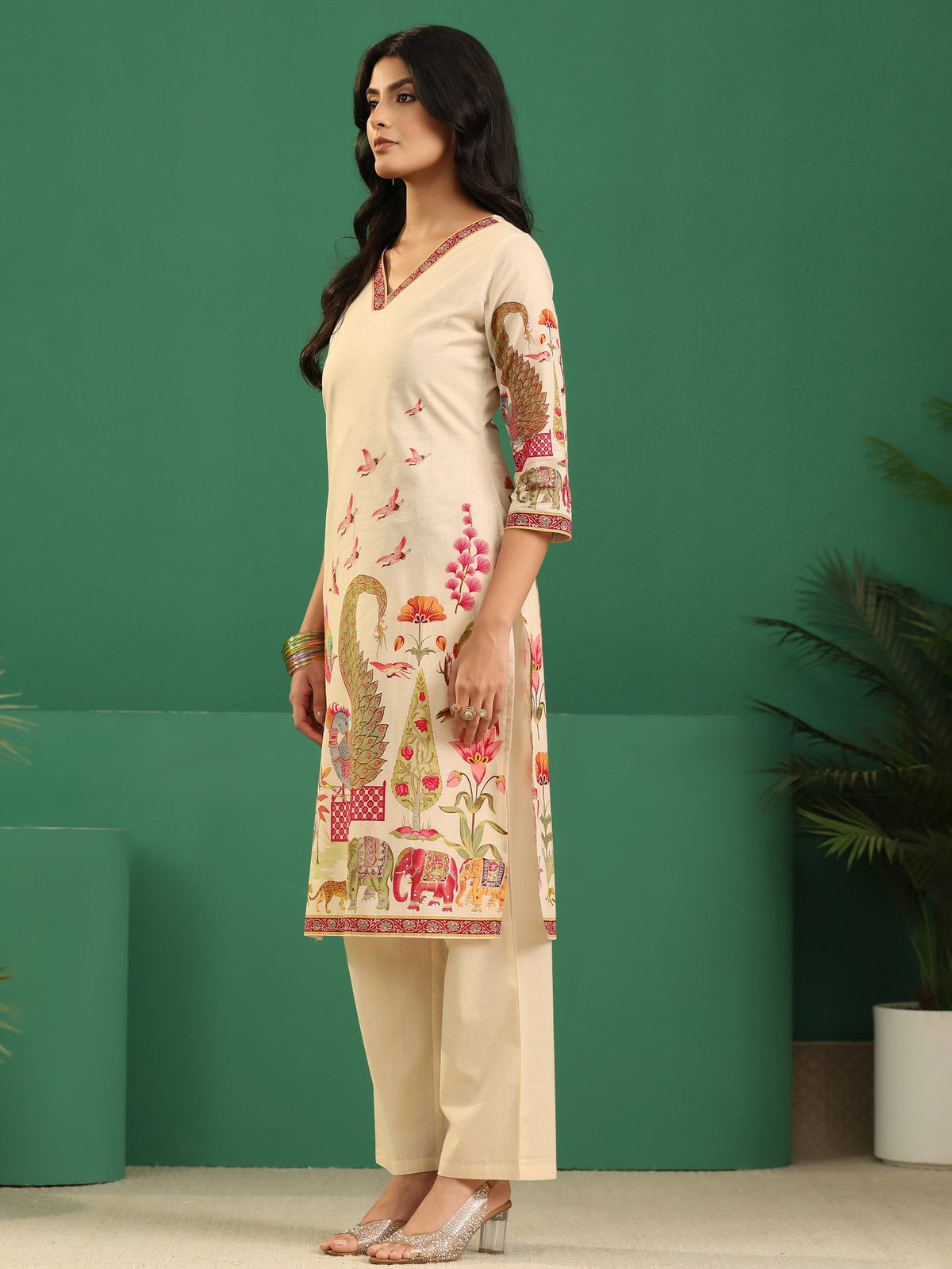 Anouk Cream Heritage Print Cotton Straight Suit Set