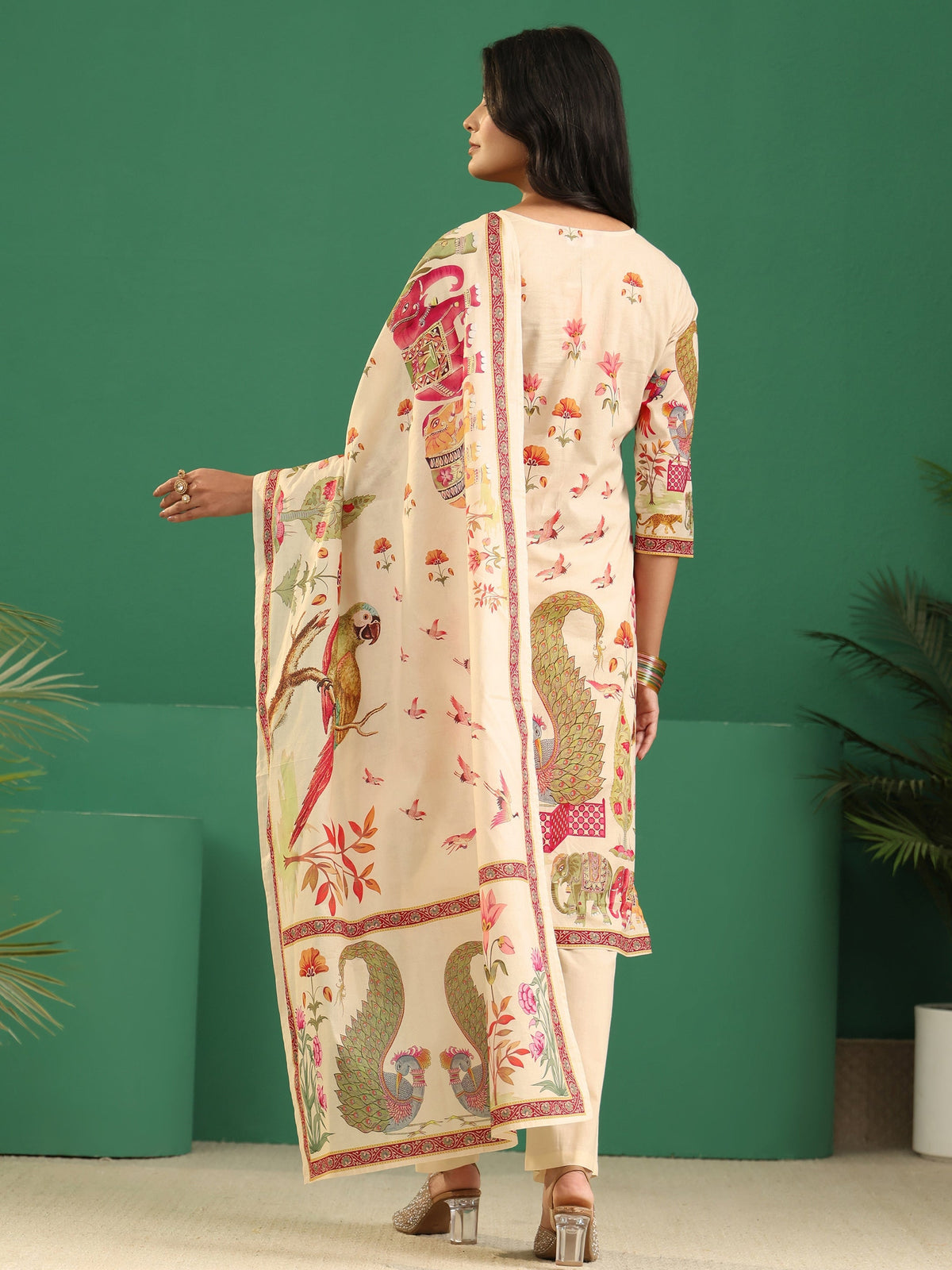 Anouk Cream Heritage Print Cotton Straight Suit Set