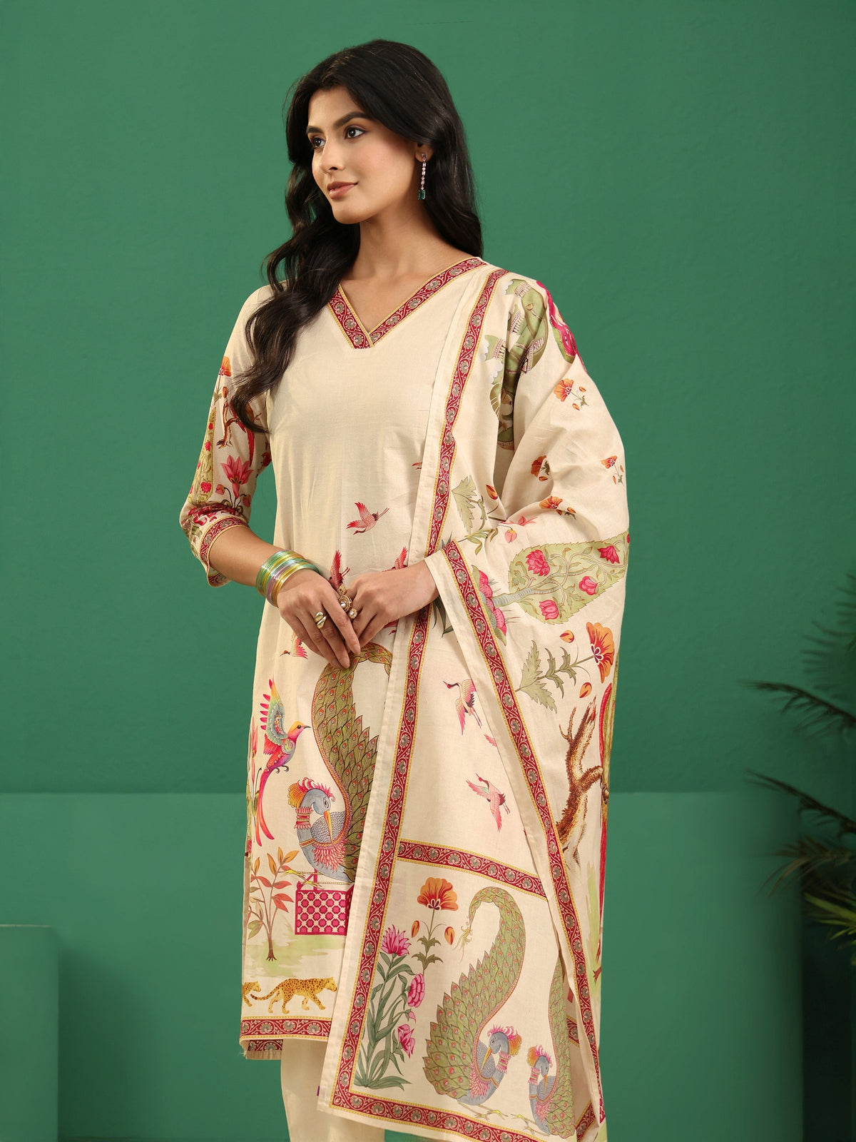 Anouk Cream Heritage Print Cotton Straight Suit Set