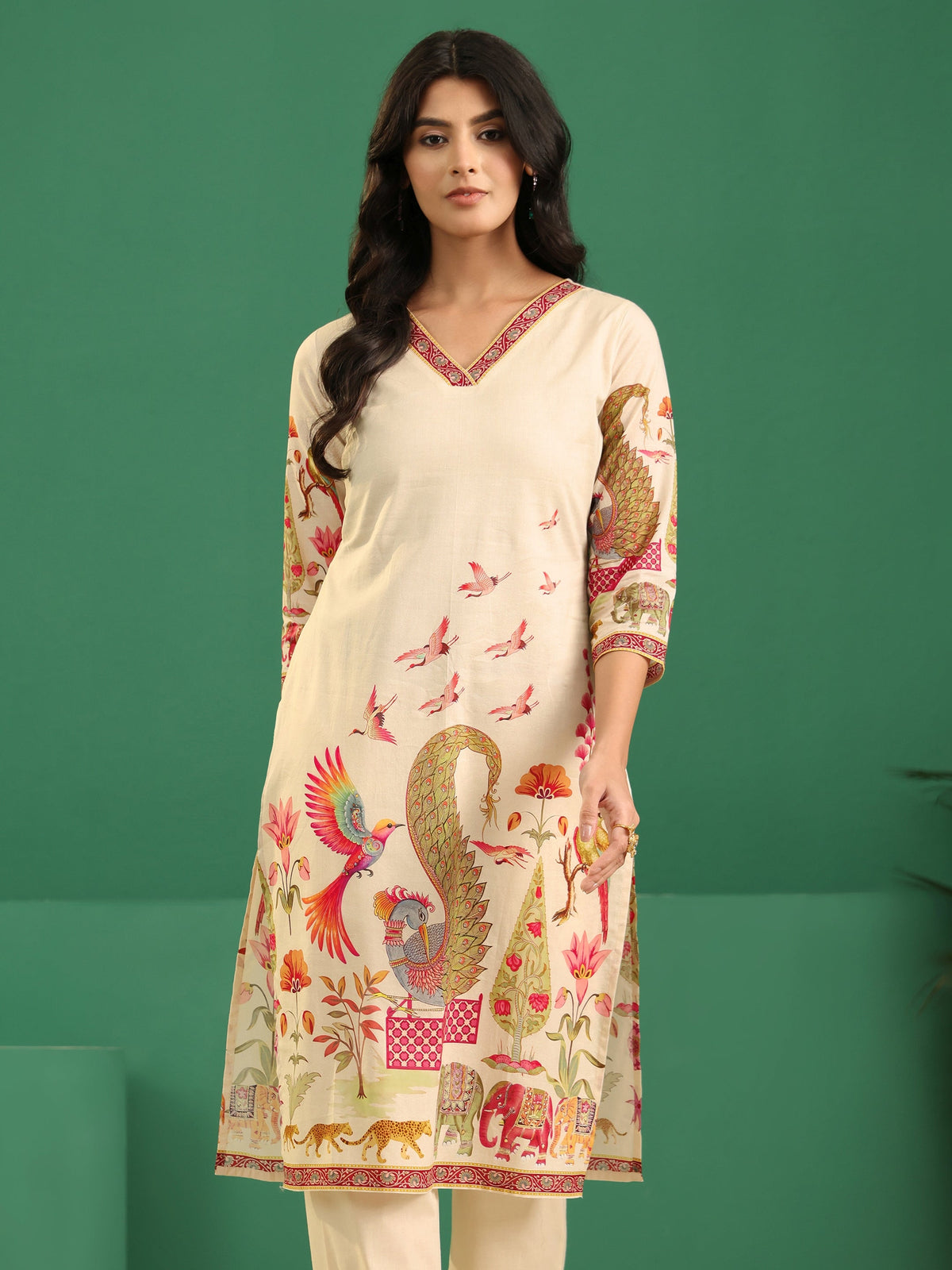 Anouk Cream Heritage Print Cotton Straight Suit Set