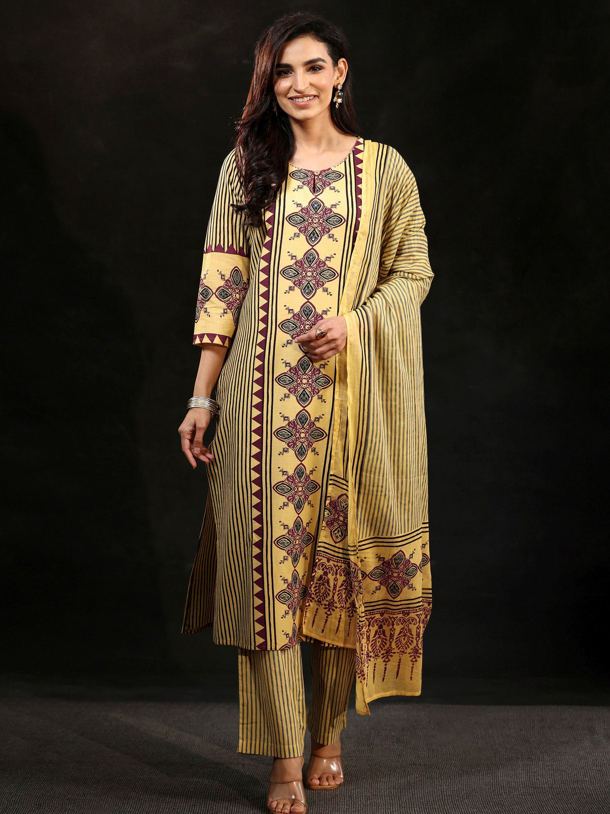Anouk Yellow Ajrakh Printed Cotton Straight Suit Set
