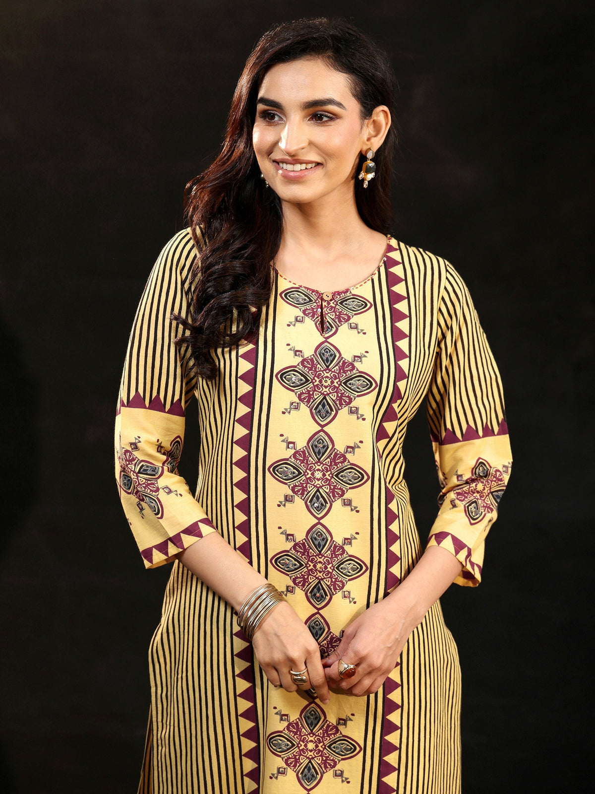 Anouk Yellow Ajrakh Printed Cotton Straight Suit Set