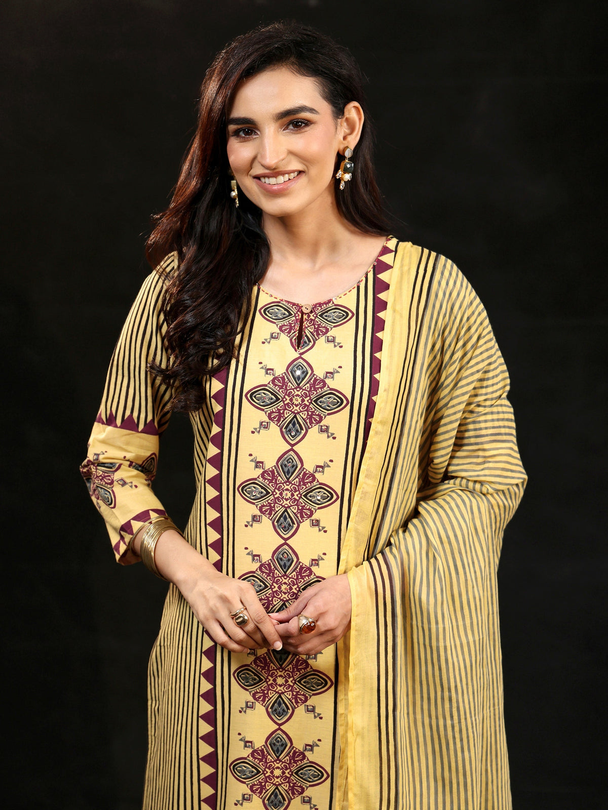 Anouk Yellow Ajrakh Printed Cotton Straight Suit Set