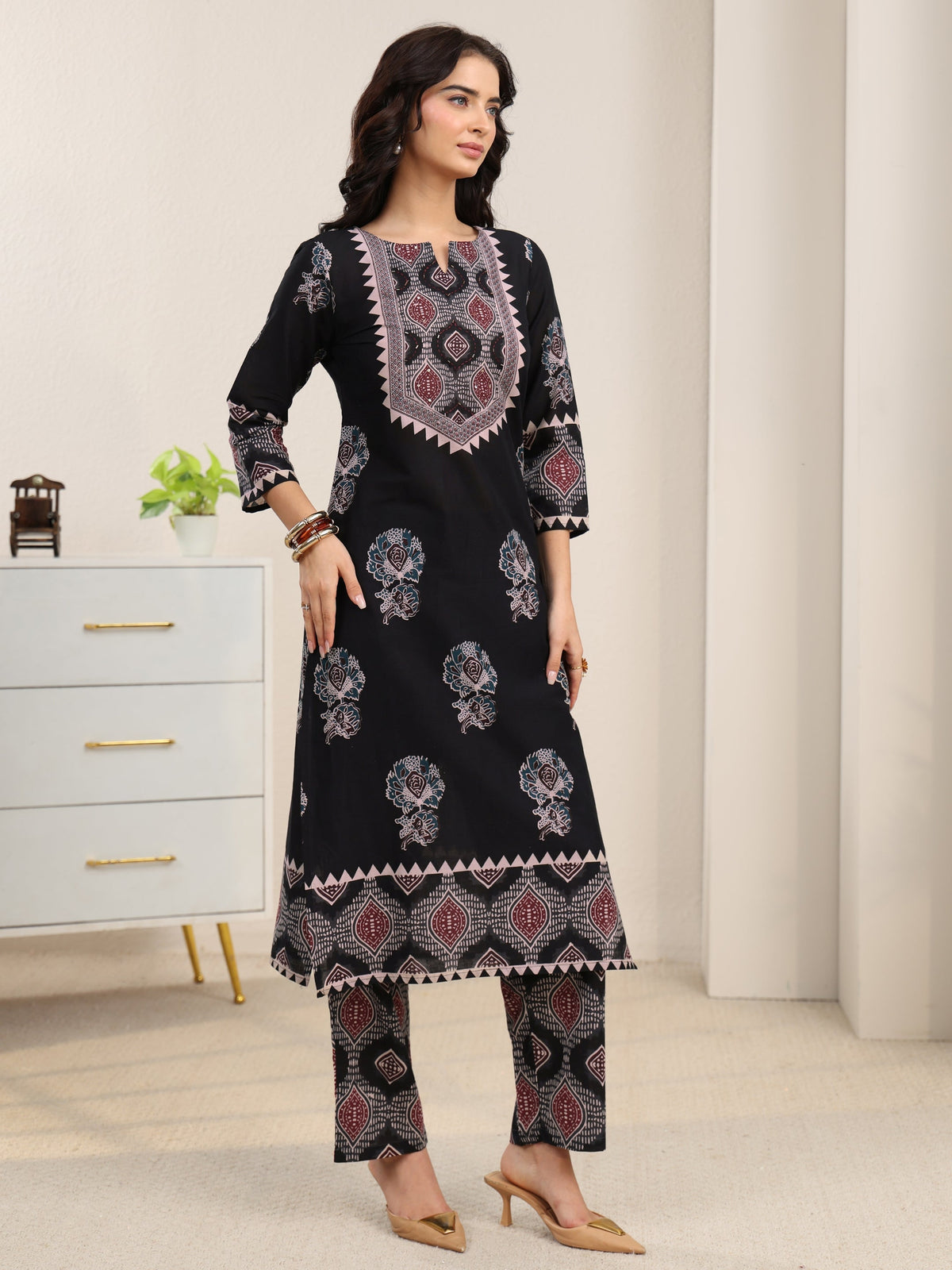 Anouk Black Ajrakh Cotton Straight Suit Set