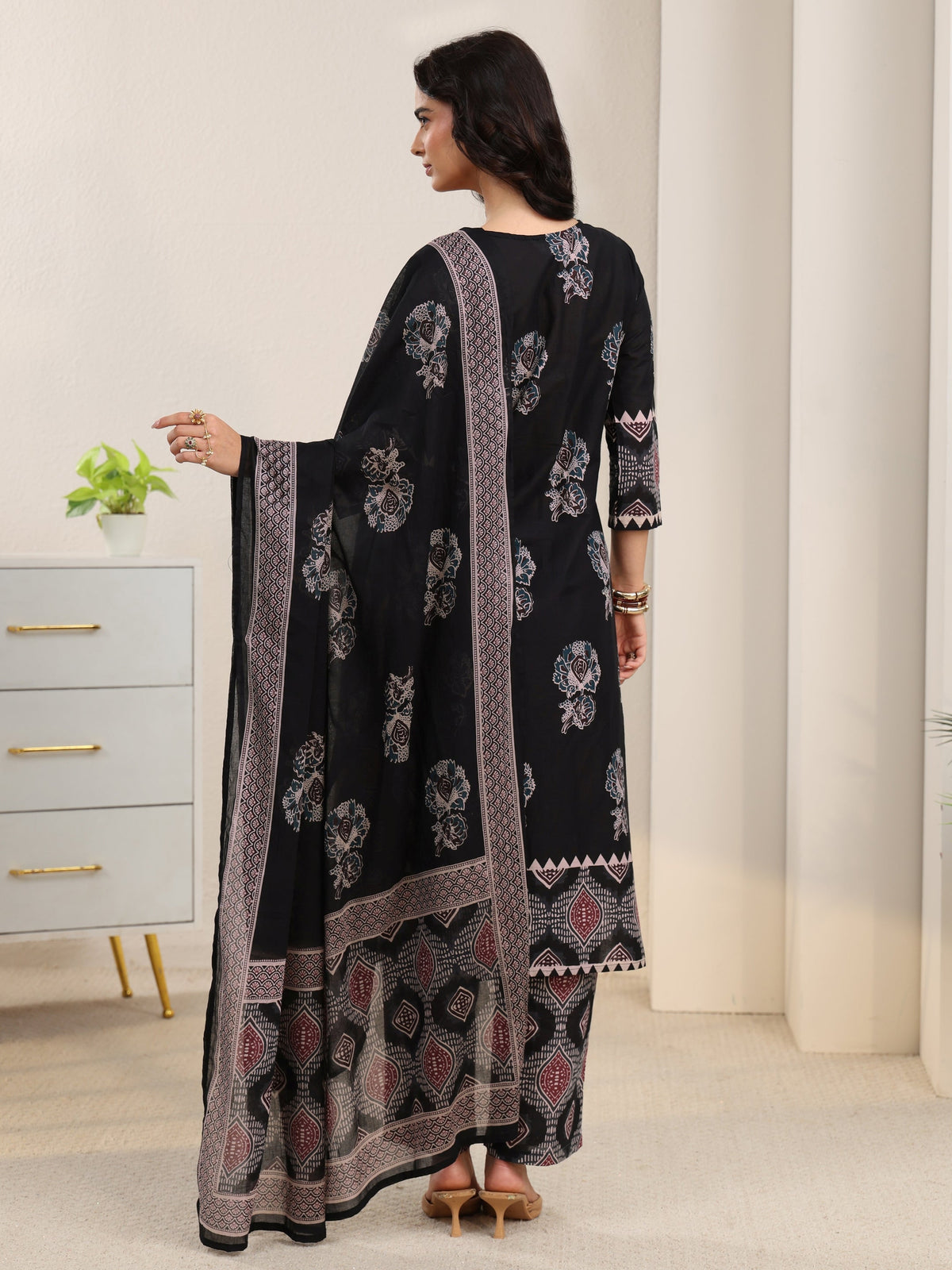 Anouk Black Ajrakh Cotton Straight Suit Set