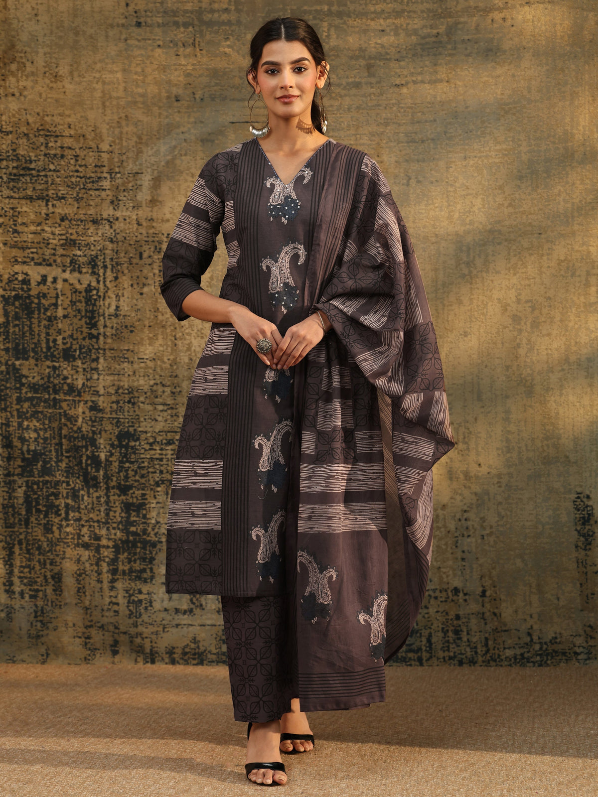 Anouk Grey Ajrakh Printed Cotton Straight Suit Set