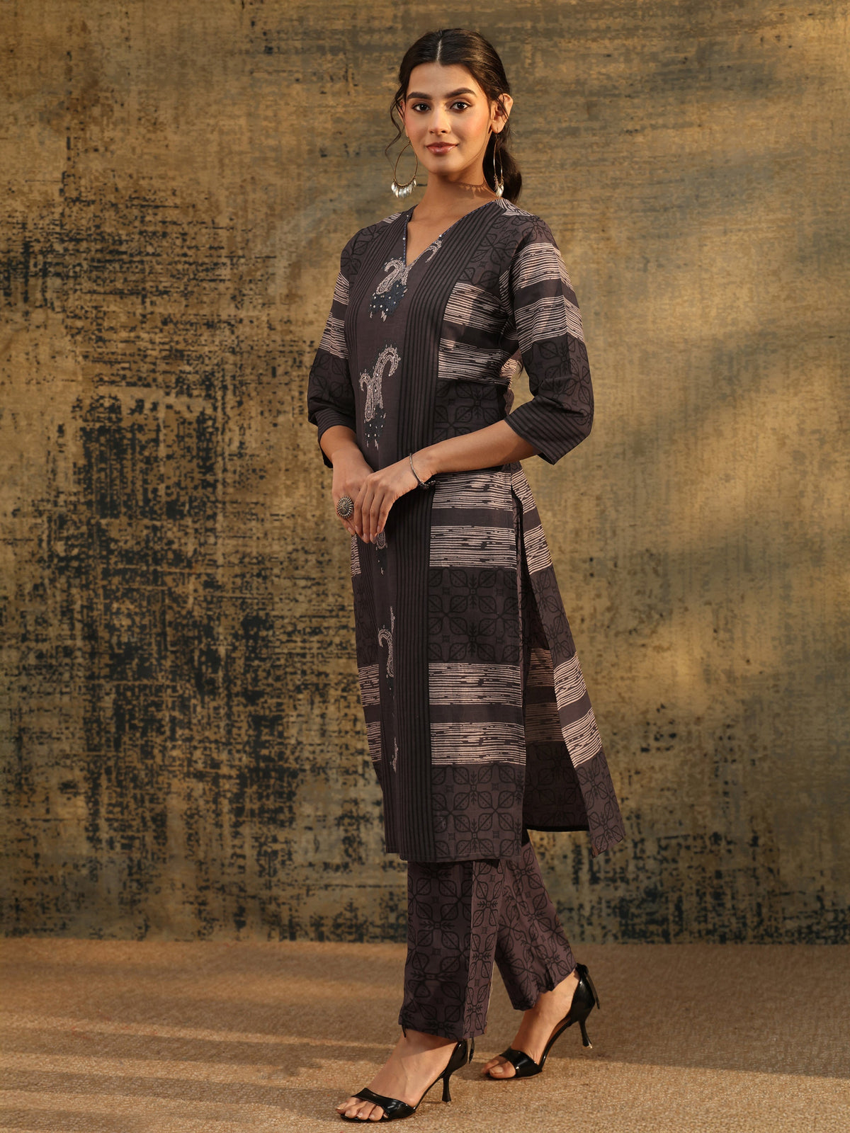 Anouk Grey Ajrakh Printed Cotton Straight Suit Set