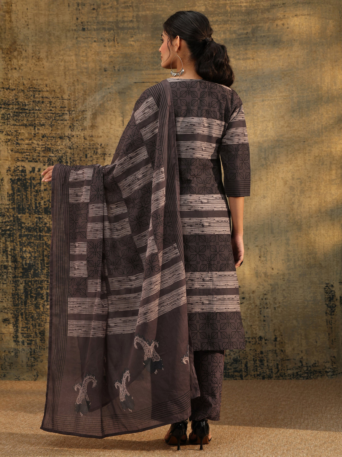 Anouk Grey Ajrakh Printed Cotton Straight Suit Set