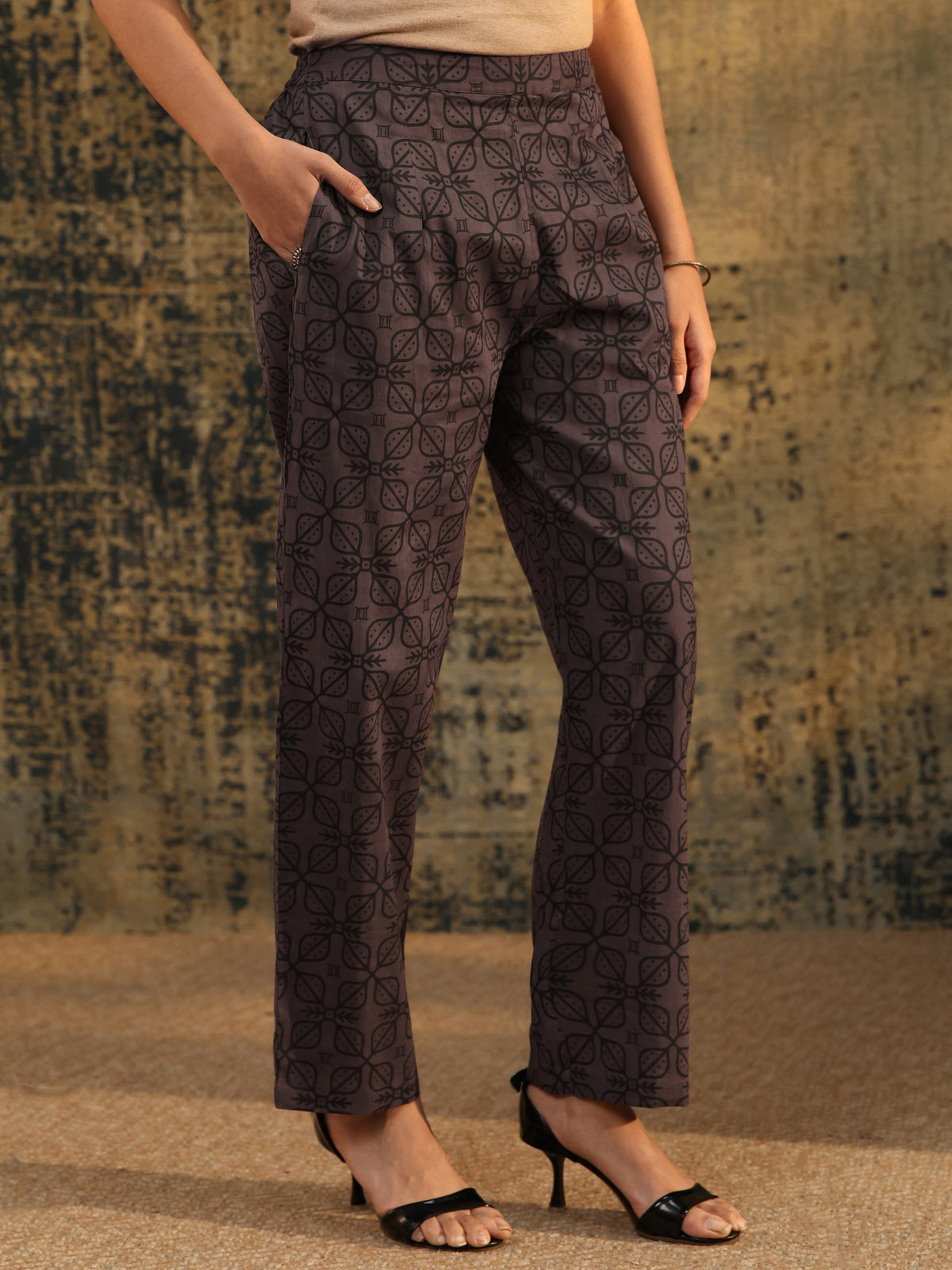 Anouk Grey Ajrakh Printed Cotton Straight Suit Set