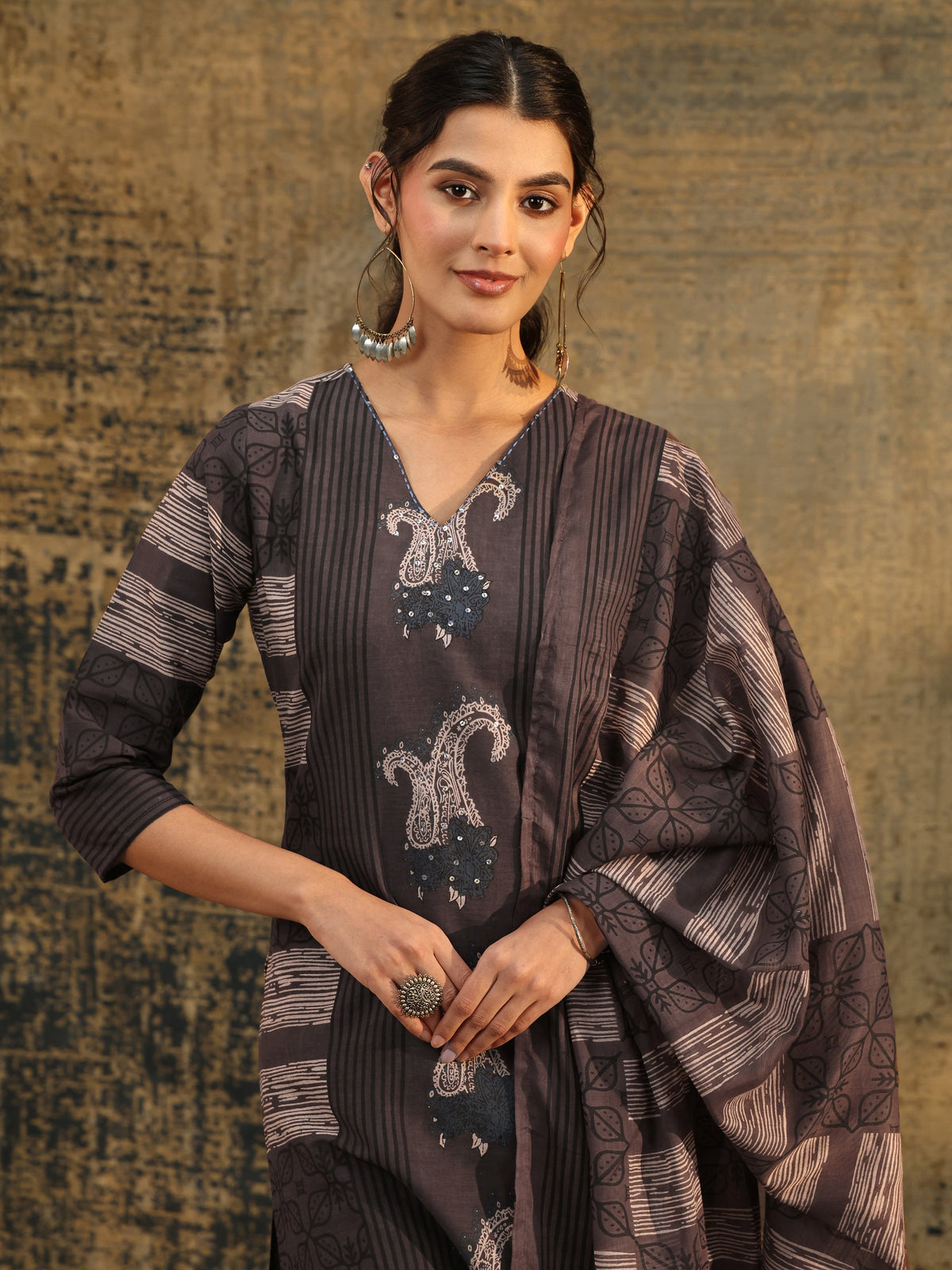 Anouk Grey Ajrakh Printed Cotton Straight Suit Set