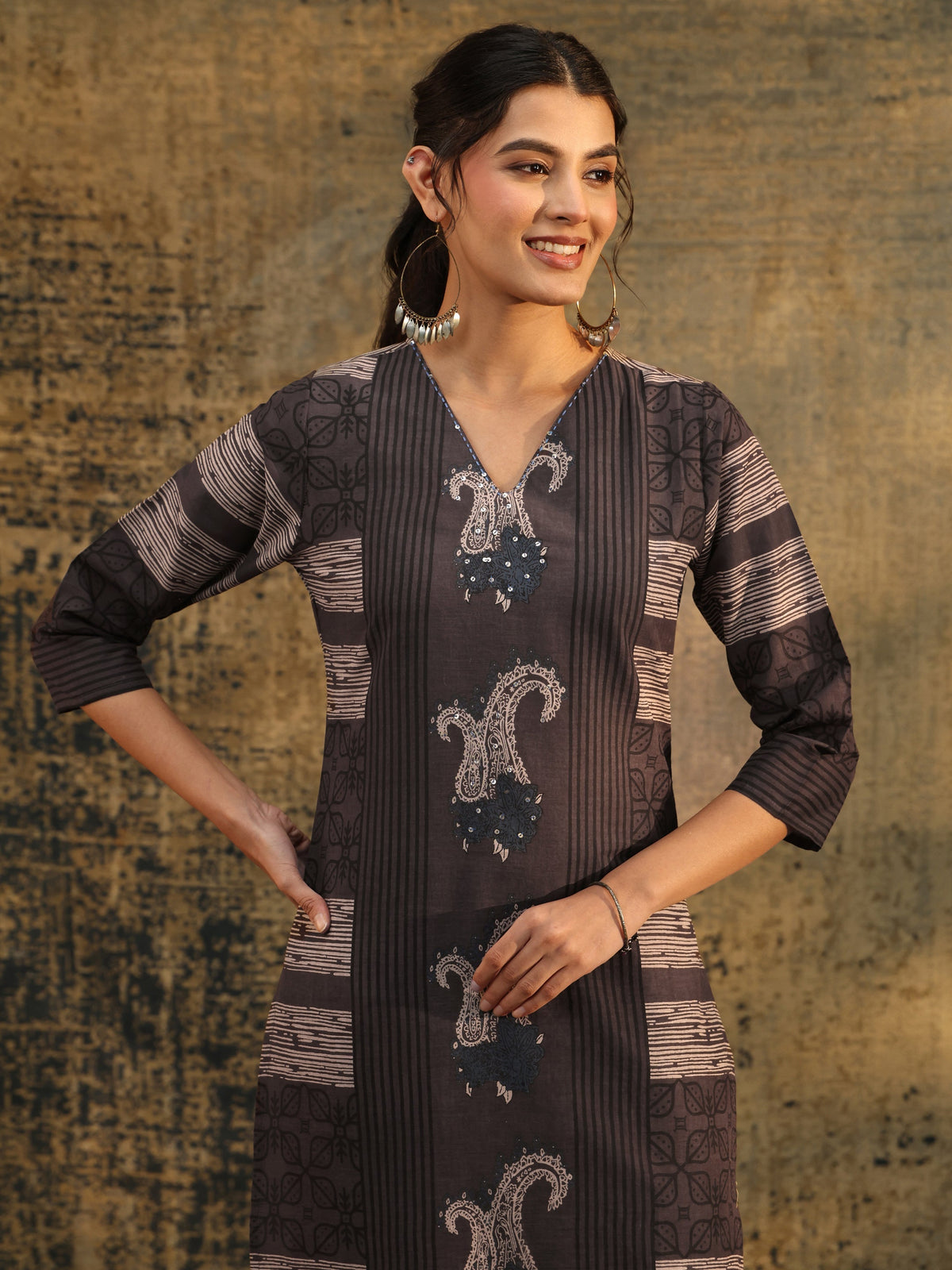 Anouk Grey Ajrakh Printed Cotton Straight Suit Set