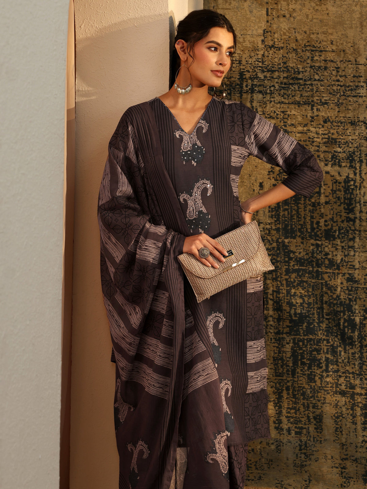 Anouk Grey Ajrakh Printed Cotton Straight Suit Set