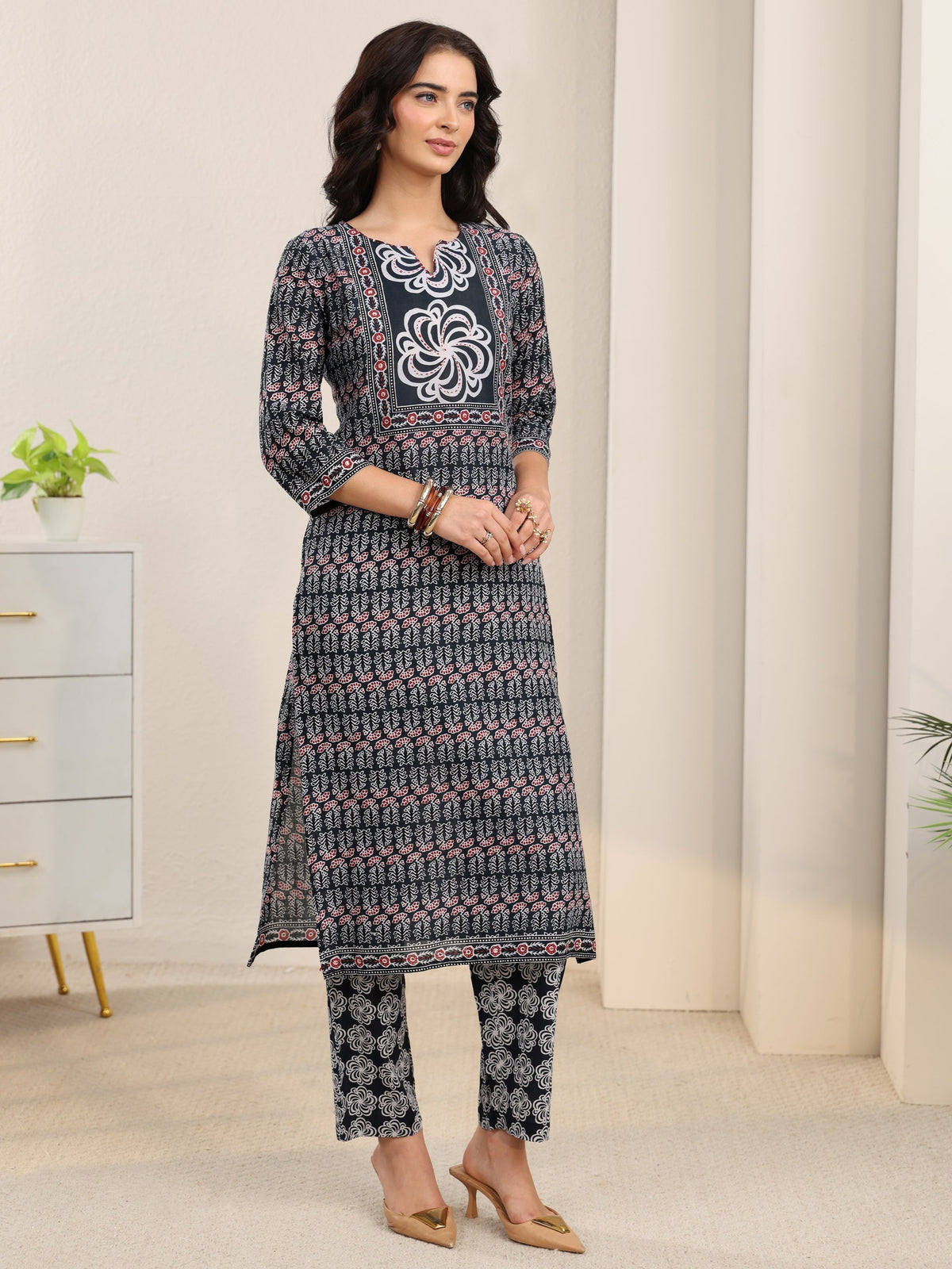 Anouk Dark Grey Dabu Print Cotton Straight Suit Set