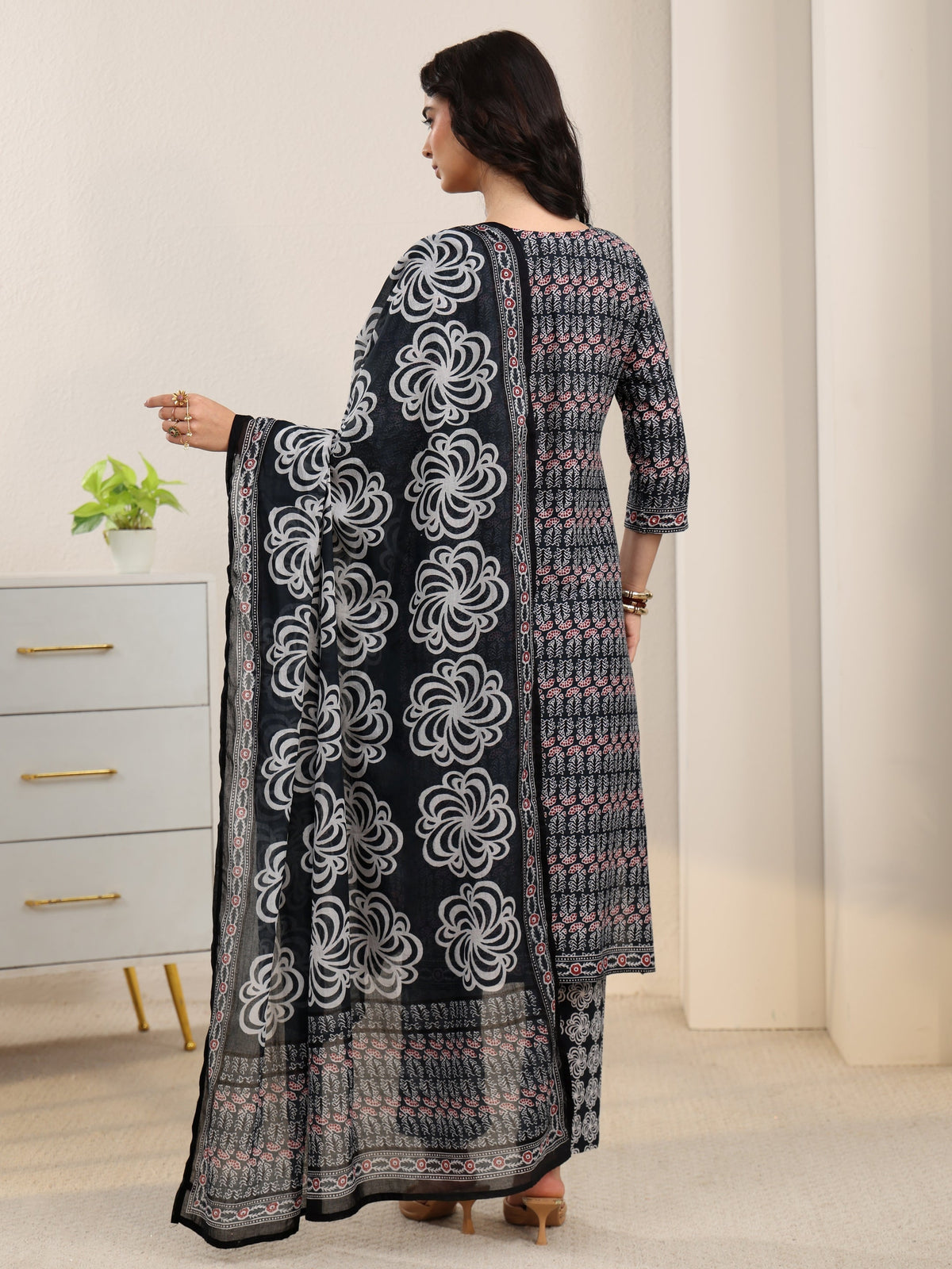 Anouk Dark Grey Dabu Print Cotton Straight Suit Set