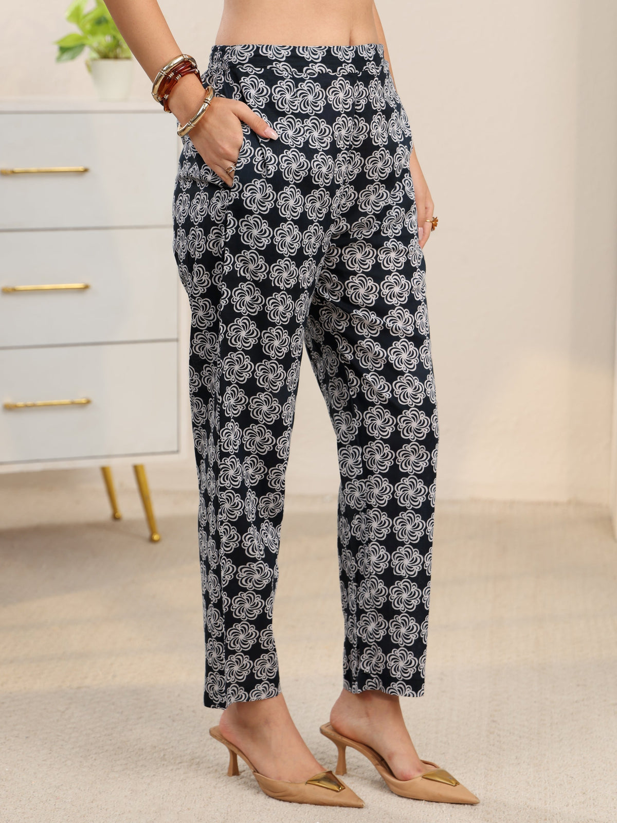 Anouk Dark Grey Dabu Print Cotton Straight Suit Set
