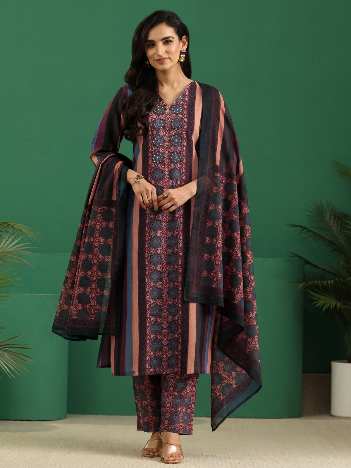 Anouk Multi Colour Ajrakh Cotton Straight Suit Set