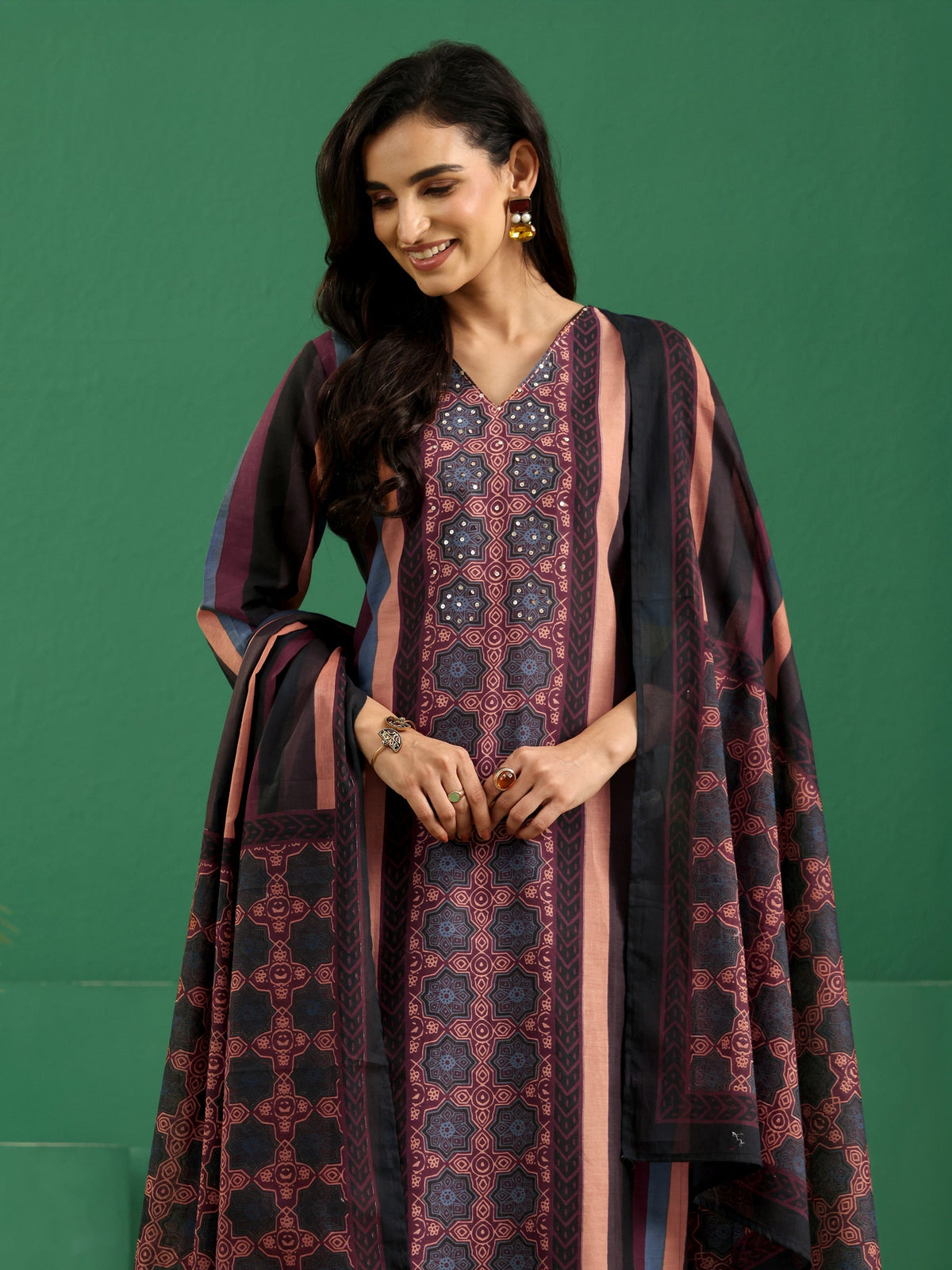 Anouk Multi Colour Ajrakh Cotton Straight Suit Set