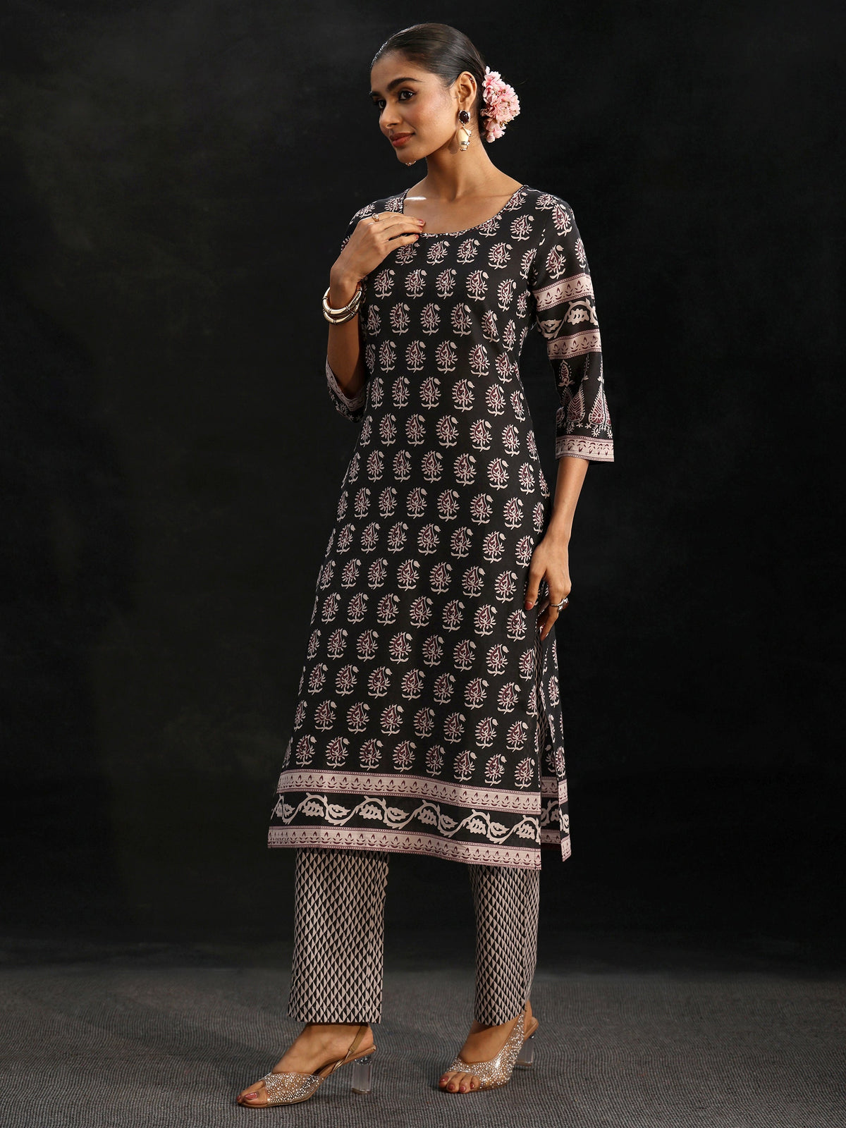 Anouk Black Ajrakh Printed Cotton Straight Suit Set