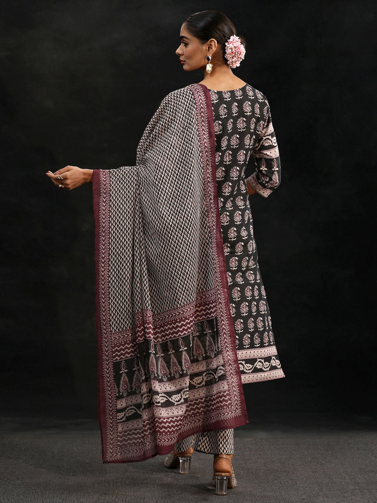 Anouk Black Ajrakh Printed Cotton Straight Suit Set