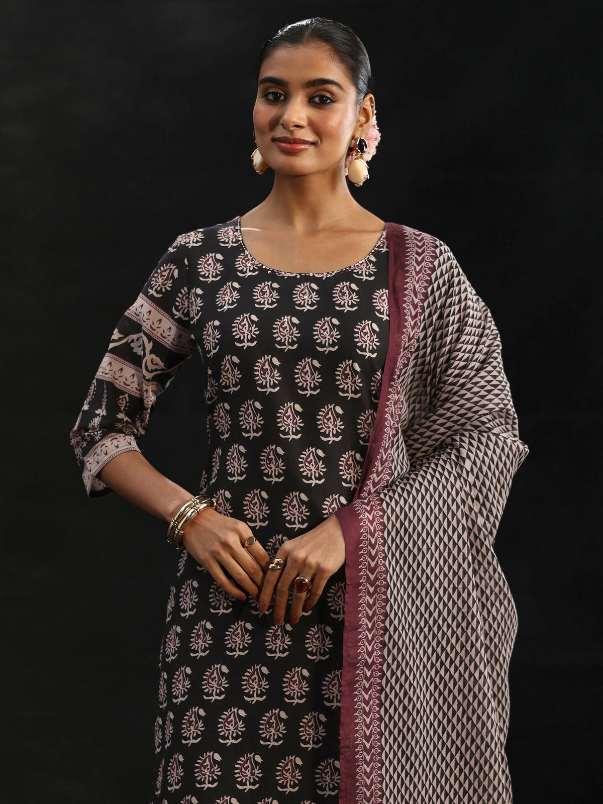 Anouk Black Ajrakh Printed Cotton Straight Suit Set