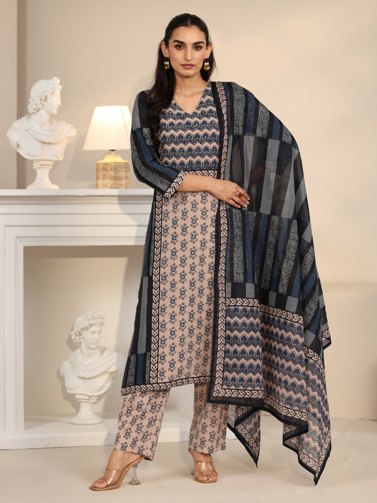 Anouk Blue Printed Cotton Straight Suit Set