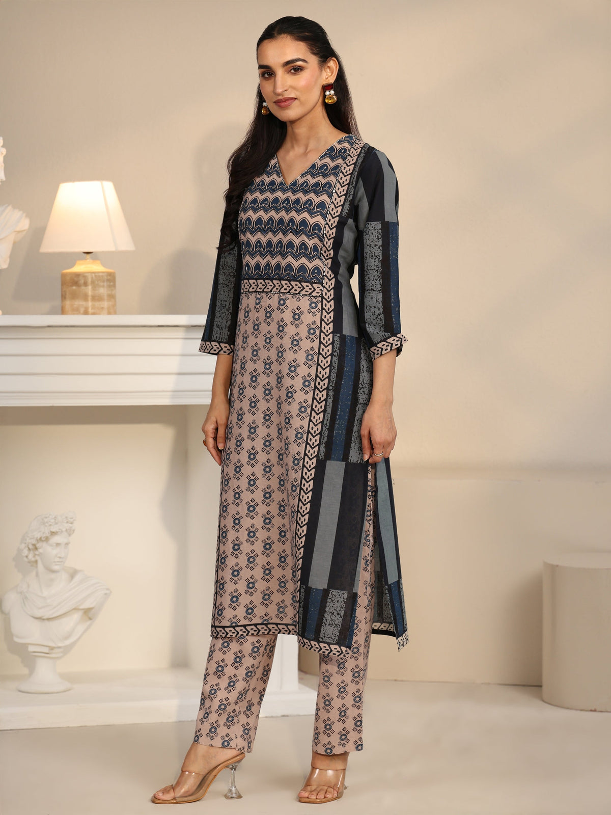 Anouk Blue Printed Cotton Straight Suit Set