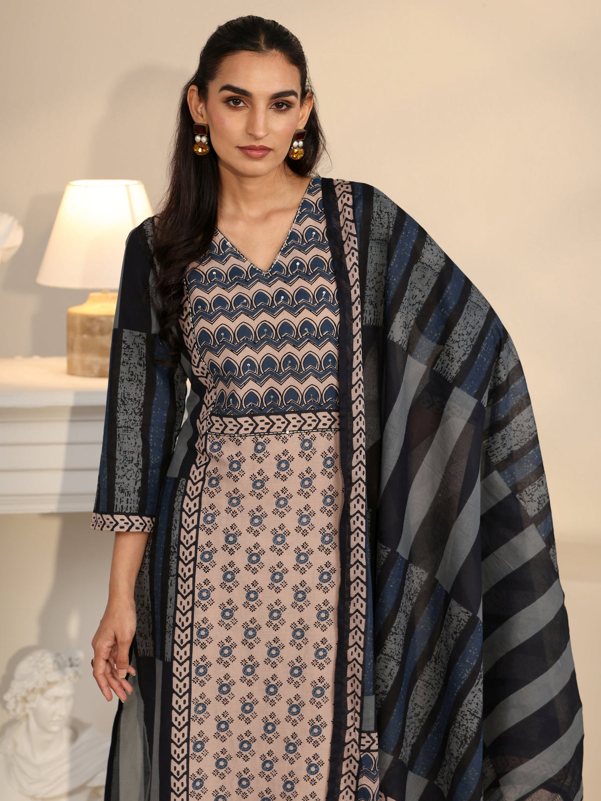 Anouk Blue Printed Cotton Straight Suit Set