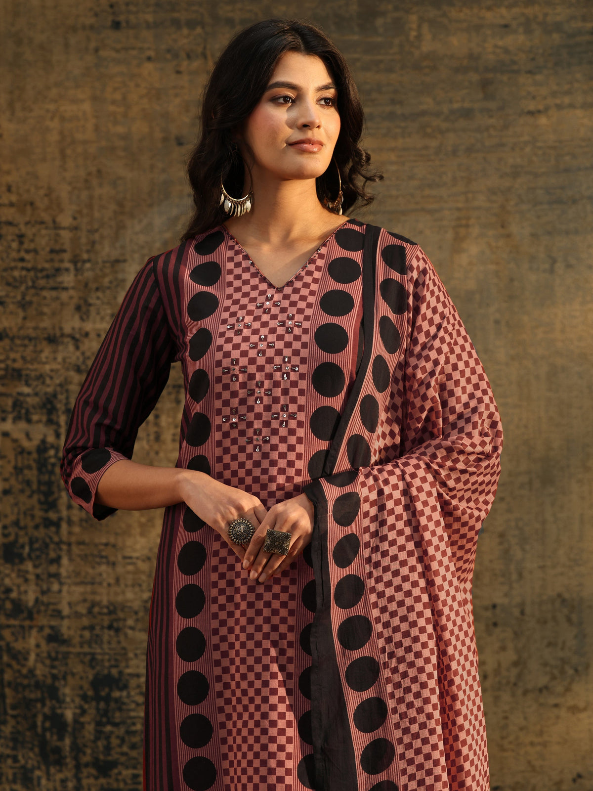 Anouk Brown Ajrakh Printed Cotton Straight Suit Set