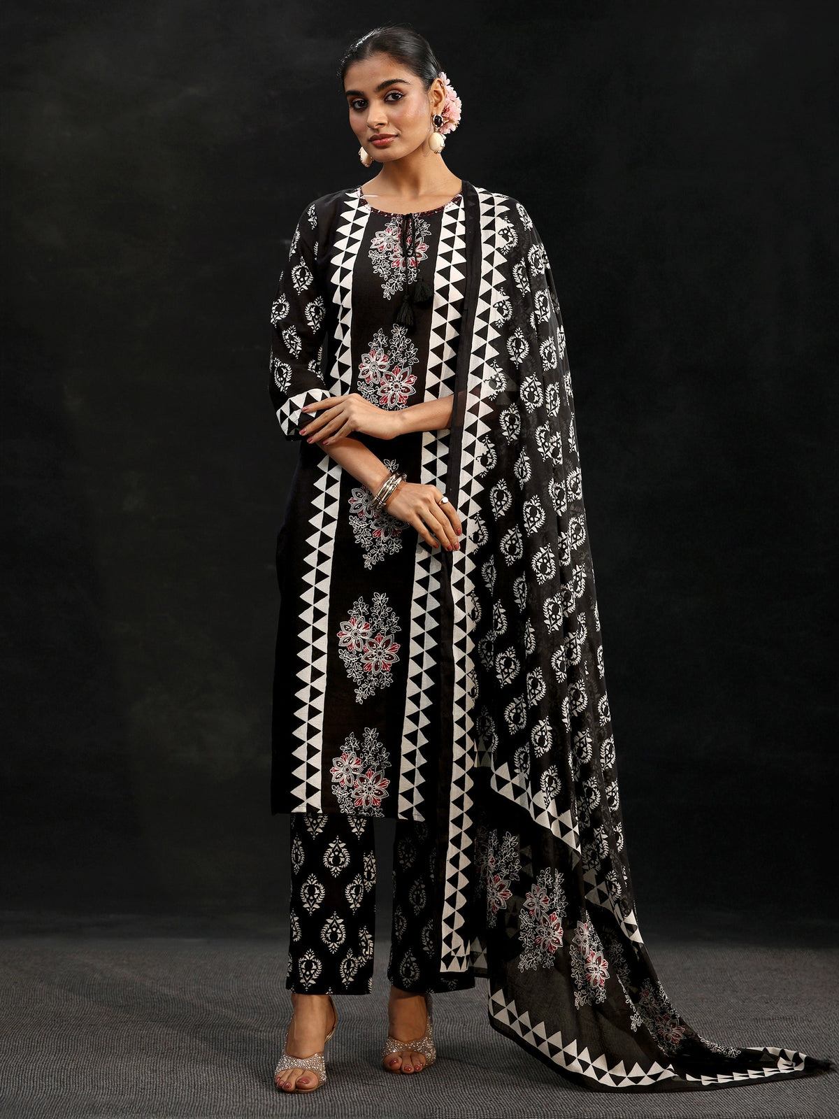 Anouk Black Block Print Cotton Straight Suit Set