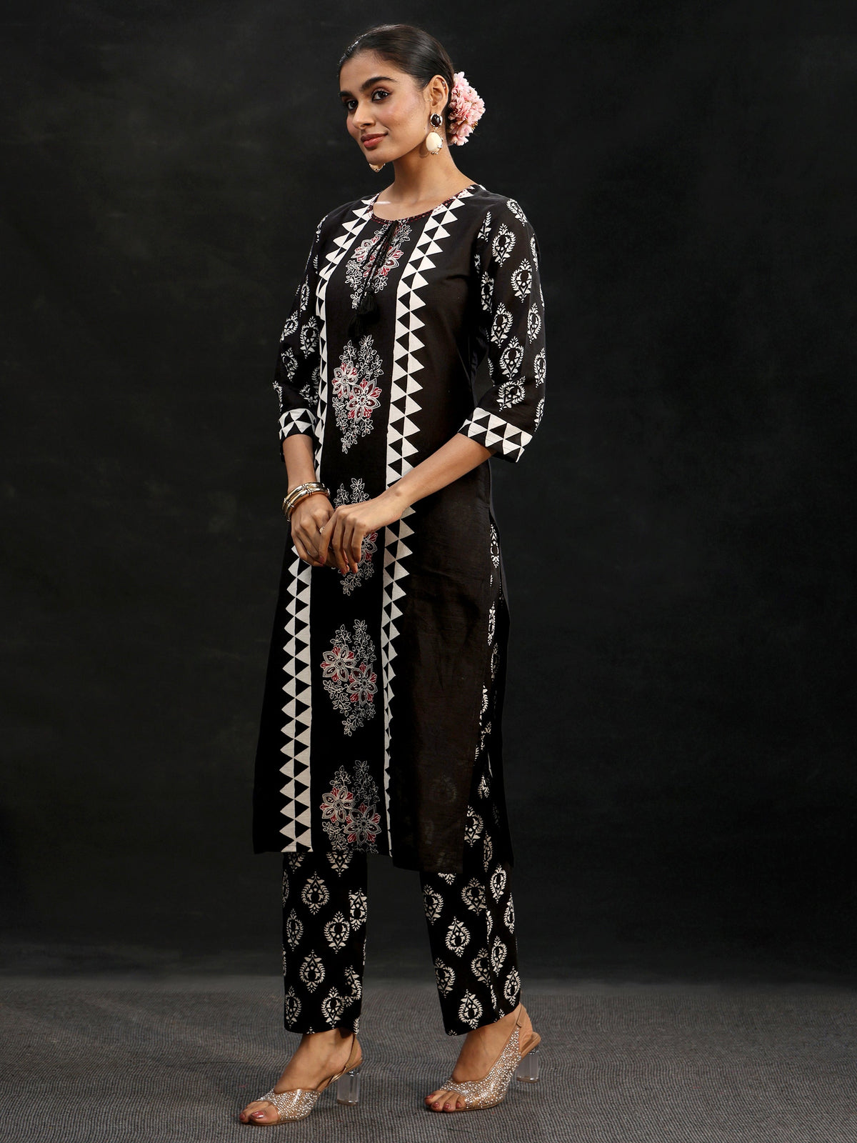 Anouk Black Block Print Cotton Straight Suit Set