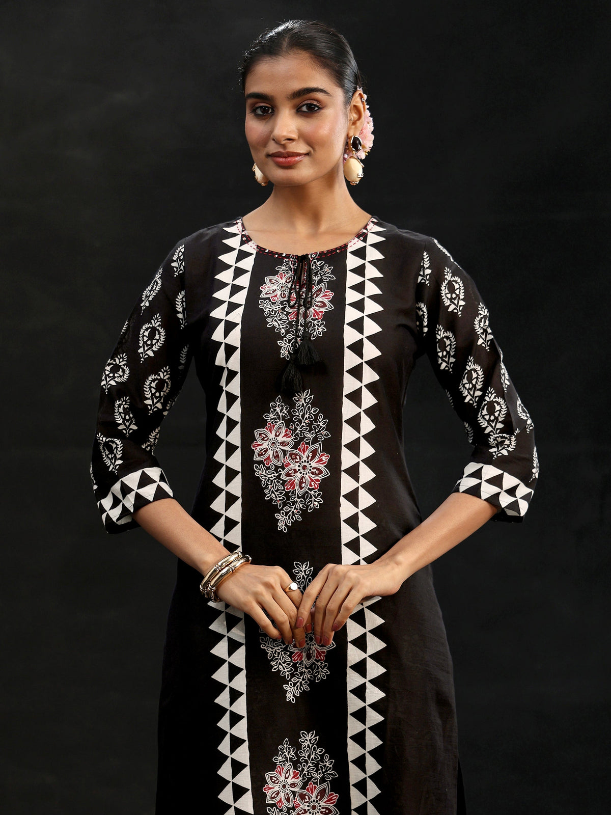 Anouk Black Block Print Cotton Straight Suit Set