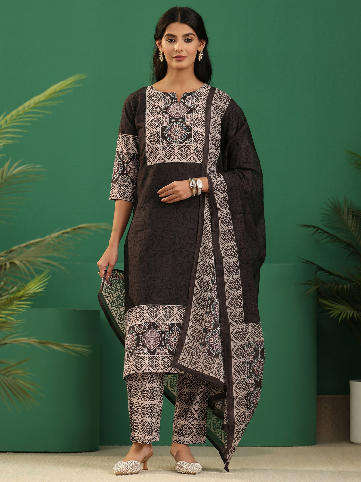Anouk Brown Ajrakh Cotton Straight Suit Set