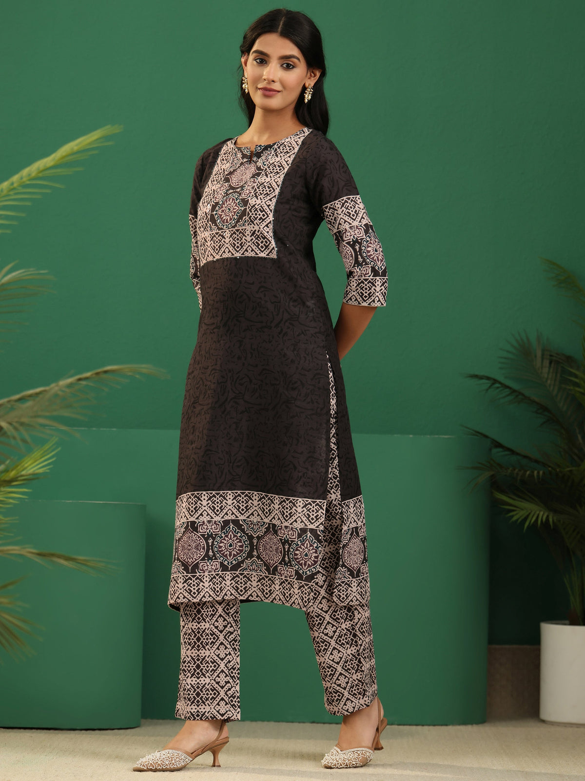 Anouk Brown Ajrakh Cotton Straight Suit Set