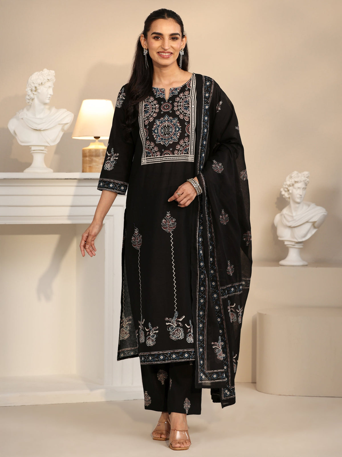 Anouk Black Ajrakh Printed Cotton Straight Suit Set